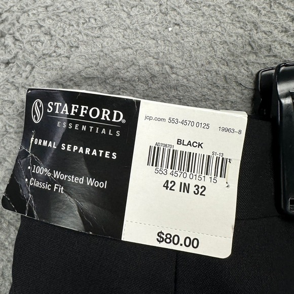 Stafford Mens Dress Pants 42X32 Black Pleated Classic Fit 100% Worsted Wool NEW